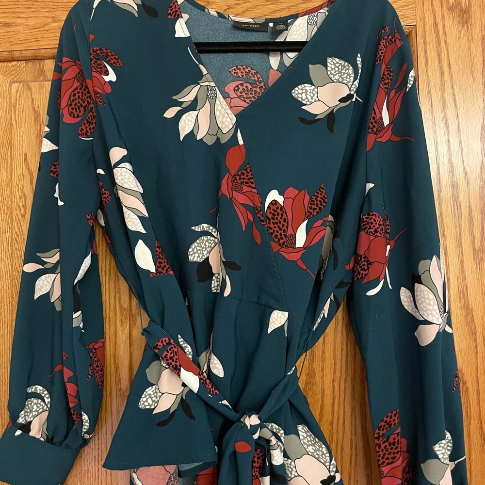 Halogen Faux Wrap Blouse XL - Teal, Floral, Leopard